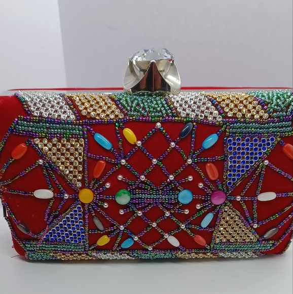 Red velour beaded clutch and lipstick holder. - Picture 7 of 11